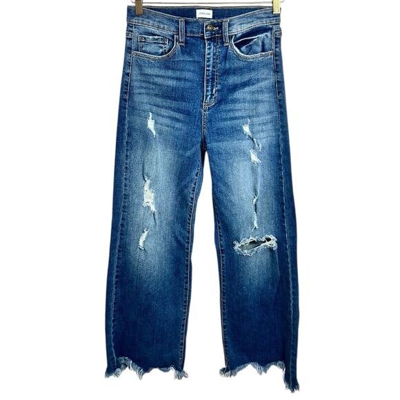 Sneak Peek Distressed Wide Leg Jeans Sz 7 28 Waist Frayed Hem High-Waist Stretch - Picture 3 of 8